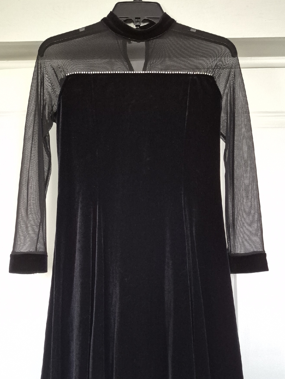 Girls' Black Velvet & Mesh Formal Dress with Rhinestone Trim